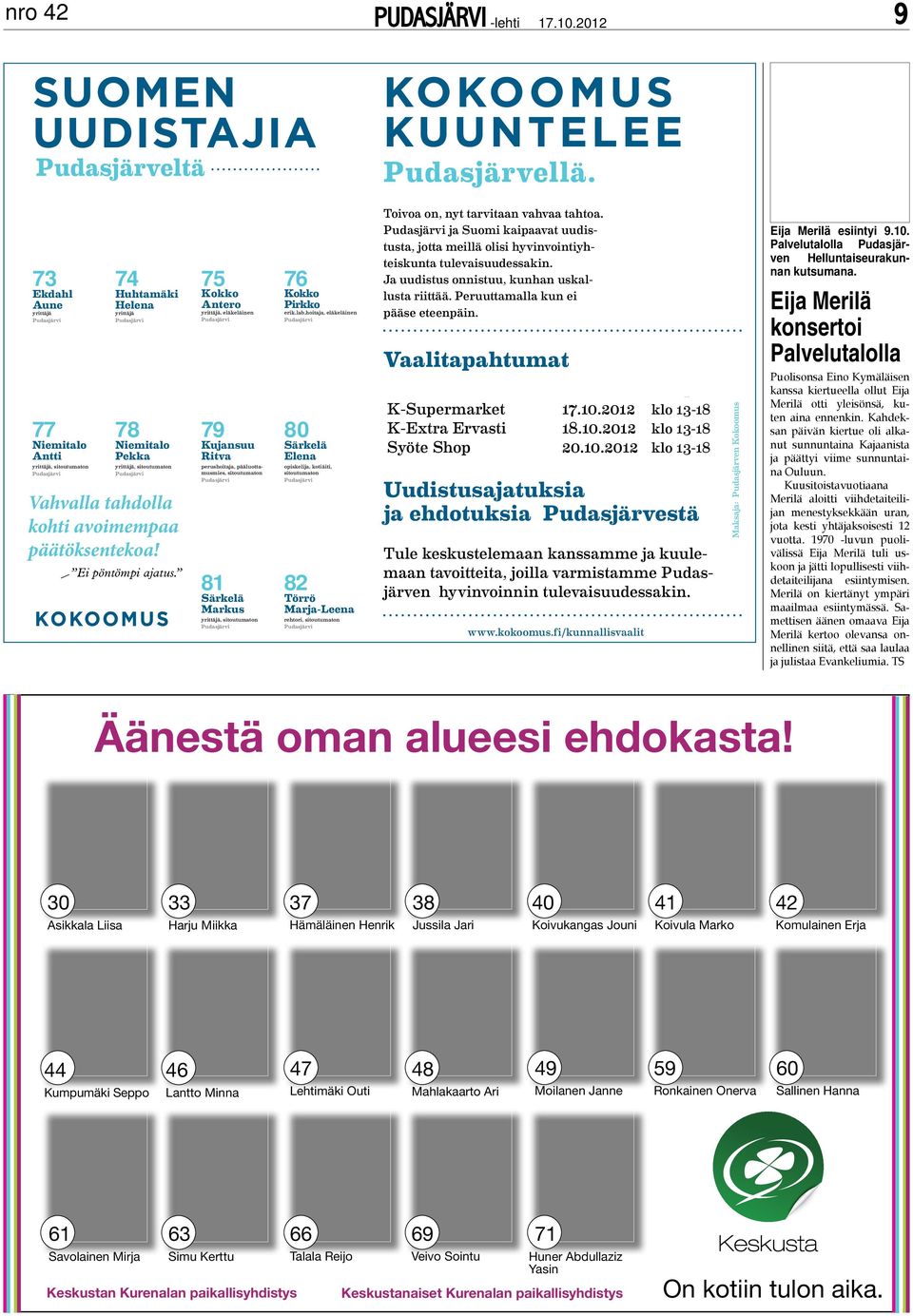 Ei pöntömpi ajatus. 75 Kokko Antero yrittäjä, eläkeläinen 79 Kujansuu Ritva perushoitaja, pääluottamusmies, sitoutumaton 81 Särkelä Markus yrittäjä, sitoutumaton 76 Kokko Pirkko erik.lab.