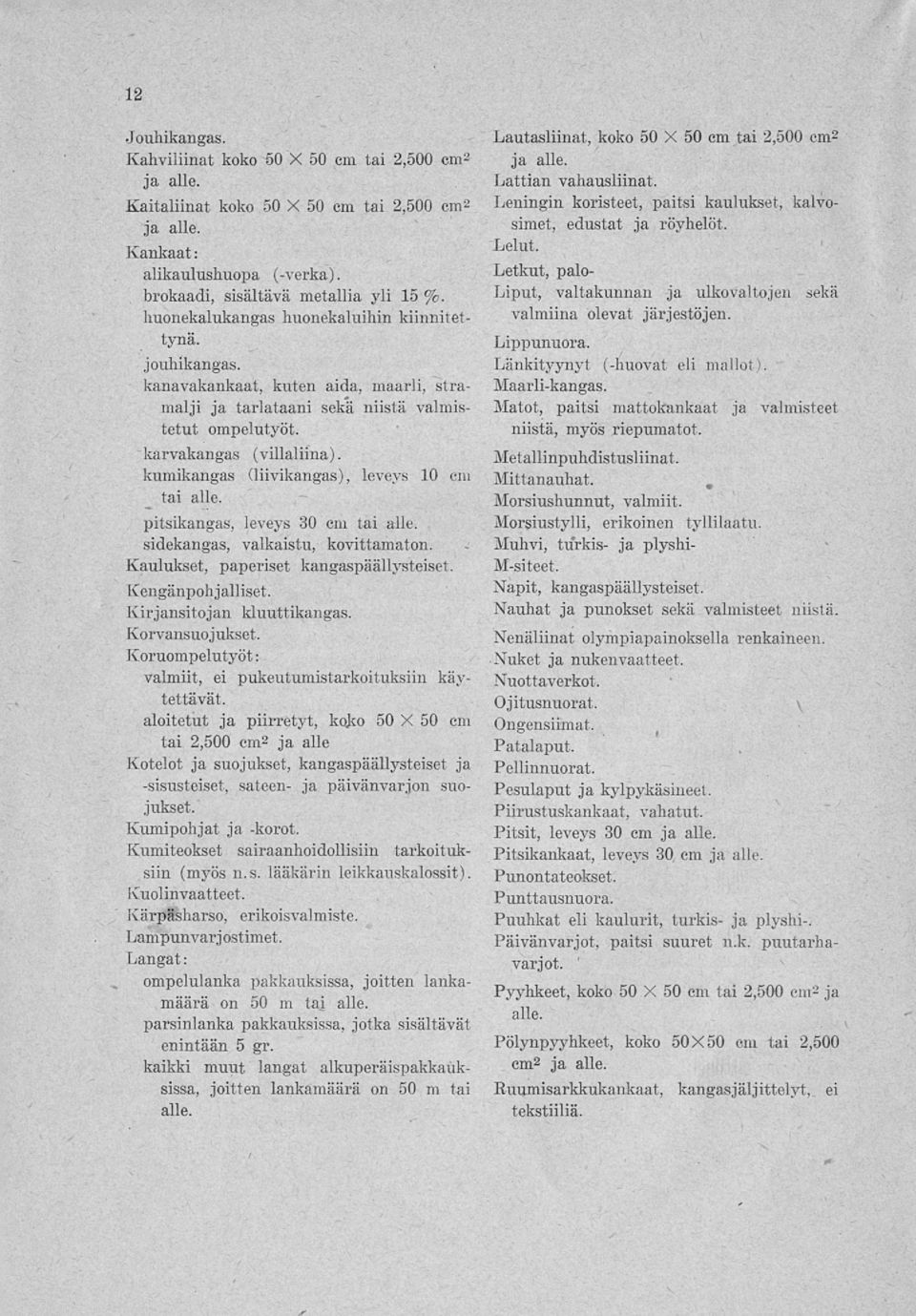 kumikangas (liivikangas), leveys 10 cm tai alle. pitsikangas, leveys 30 cm tai alle. sidekangas, valkaistu, kovittamaton. Kaulukset, paperiset kangaspäällysteiset. Kengänp ohjalliset.