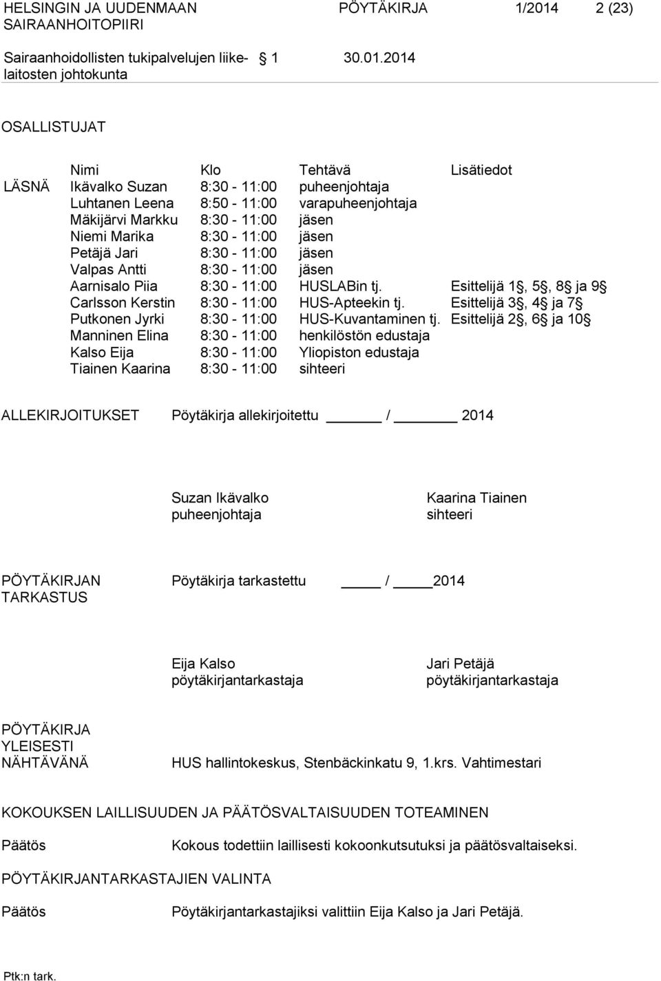 2014 OSALLISTUJAT Nimi Klo Tehtävä Lisätiedot LÄSNÄ Ikävalko Suzan 8:30-11:00 puheenjohtaja Luhtanen Leena 8:50-11:00 varapuheenjohtaja Mäkijärvi Markku 8:30-11:00 jäsen Niemi Marika 8:30-11:00 jäsen