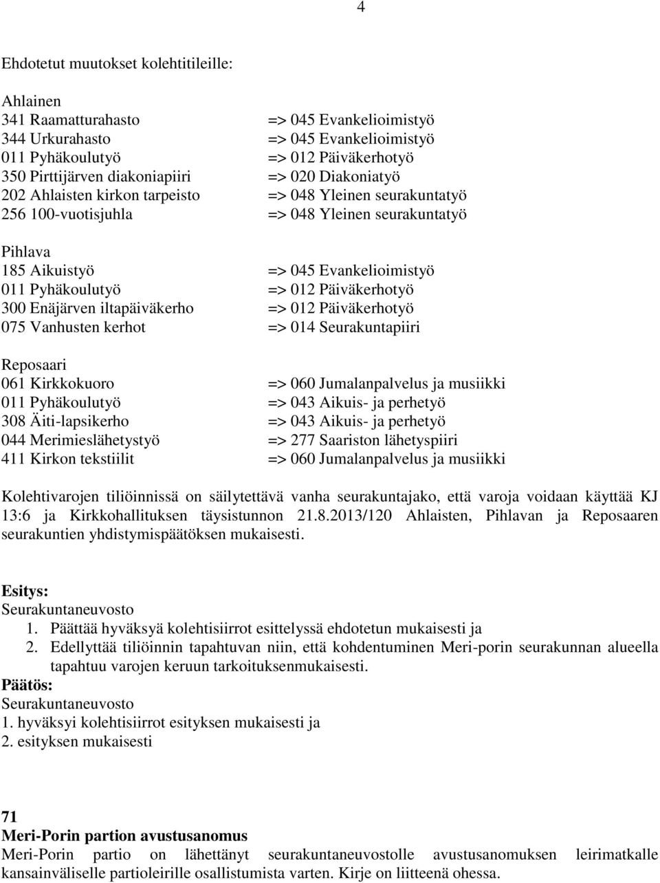 Pyhäkoulutyö => 012 Päiväkerhotyö 300 Enäjärven iltapäiväkerho => 012 Päiväkerhotyö 075 Vanhusten kerhot => 014 Seurakuntapiiri Reposaari 061 Kirkkokuoro => 060 Jumalanpalvelus ja musiikki 011