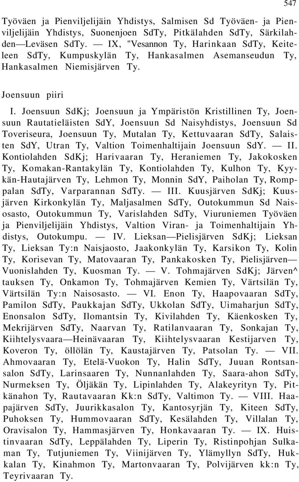 Joensuun SdKj; Joensuun ja Ympäristön Kristillinen Ty, Joensuun Rautatieläisten SdY, Joensuun Sd Naisyhdistys, Joensuun Sd Toveriseura, Joensuun Ty, Mutalan Ty, Kettuvaaran SdTy, Salaisten SdY, Utran