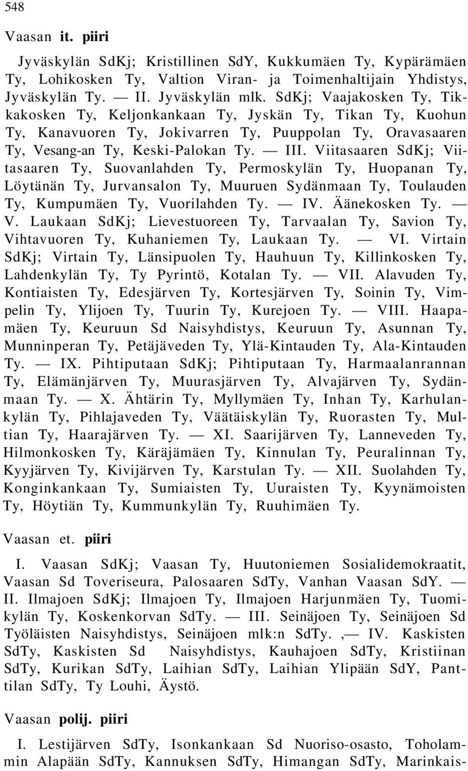 Viitasaaren SdKj; Viitasaaren Ty, Suovanlahden Ty, Permoskylän Ty, Huopanan Ty, Löytänän Ty, Jurvansalon Ty, Muuruen Sydänmaan Ty, Toulauden Ty, Kumpumäen Ty, Vuorilahden Ty. IV. Äänekosken Ty. V. Laukaan SdKj; Lievestuoreen Ty, Tarvaalan Ty, Savion Ty, Vihtavuoren Ty, Kuhaniemen Ty, Laukaan Ty.