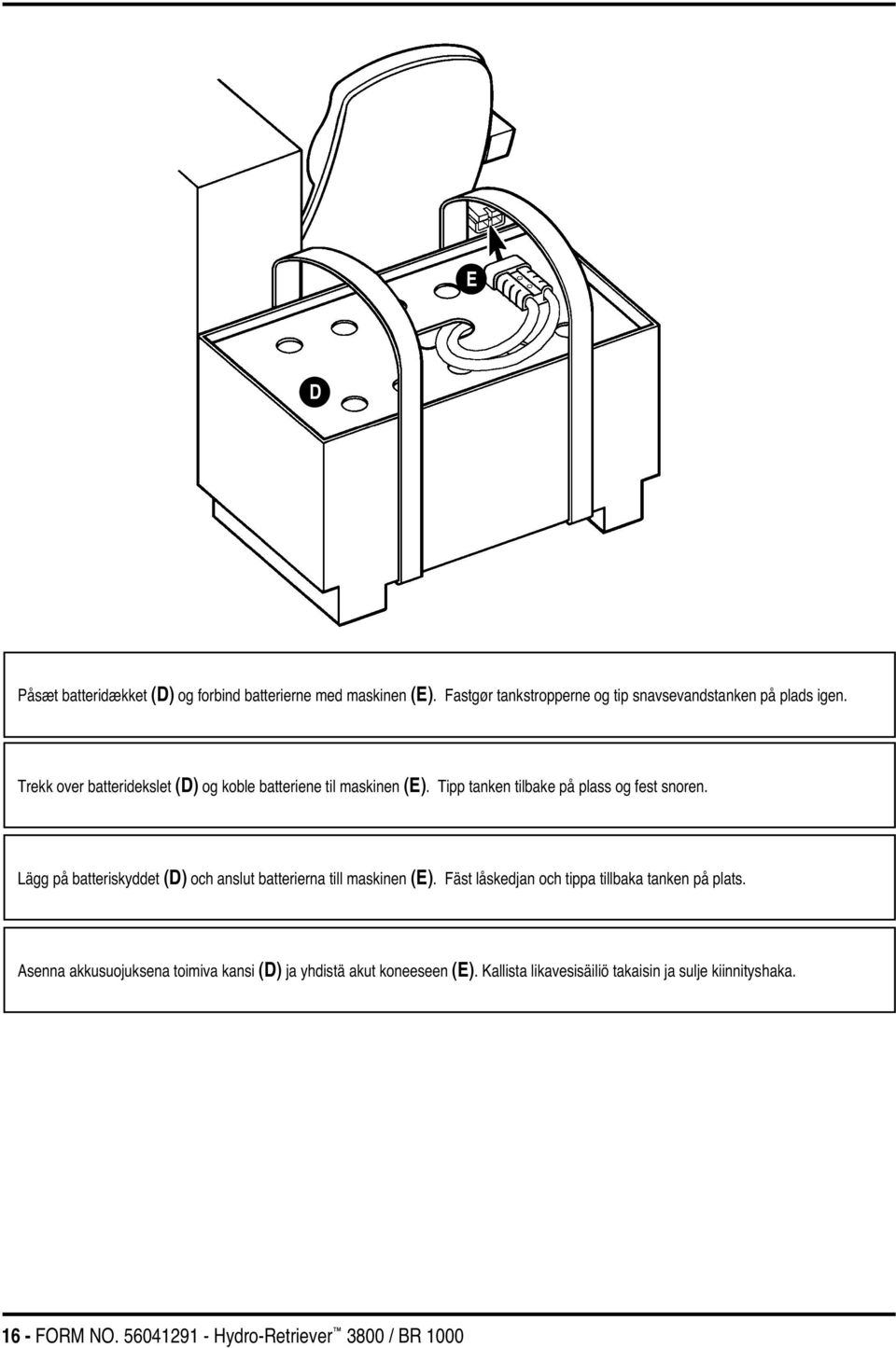 Lägg på batteriskyddet (D) och anslut batterierna till maskinen (E). Fäst låskedjan och tippa tillbaka tanken på plats.