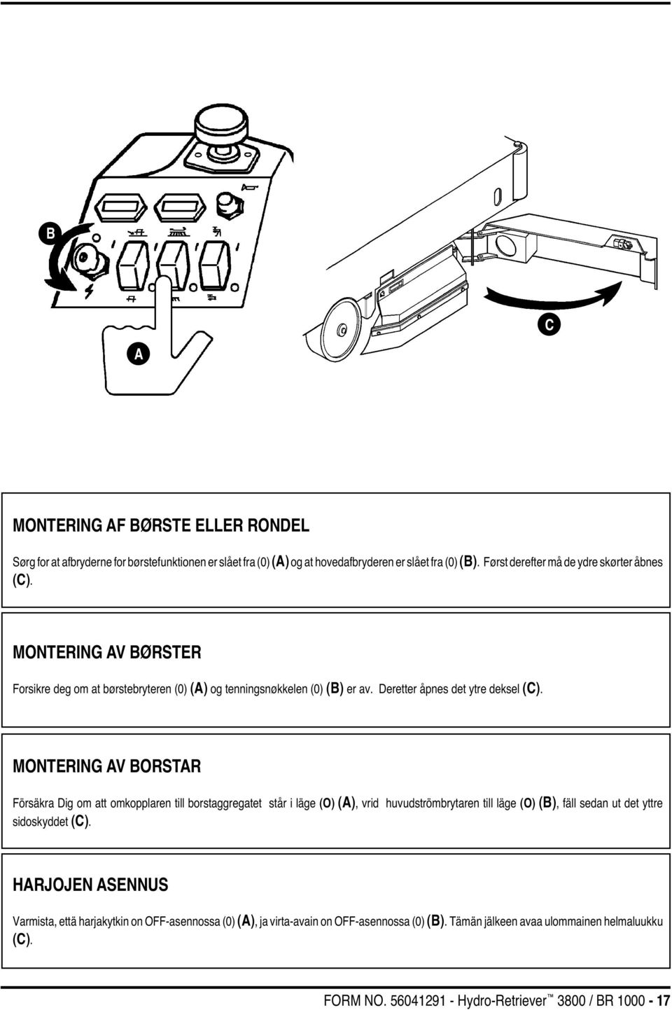 MONTERING AV BORSTAR Försäkra Dig om att omkopplaren till borstaggregatet står i läge (O) (A), vrid huvudströmbrytaren till läge (O) (B), fäll sedan ut det yttre sidoskyddet (C).