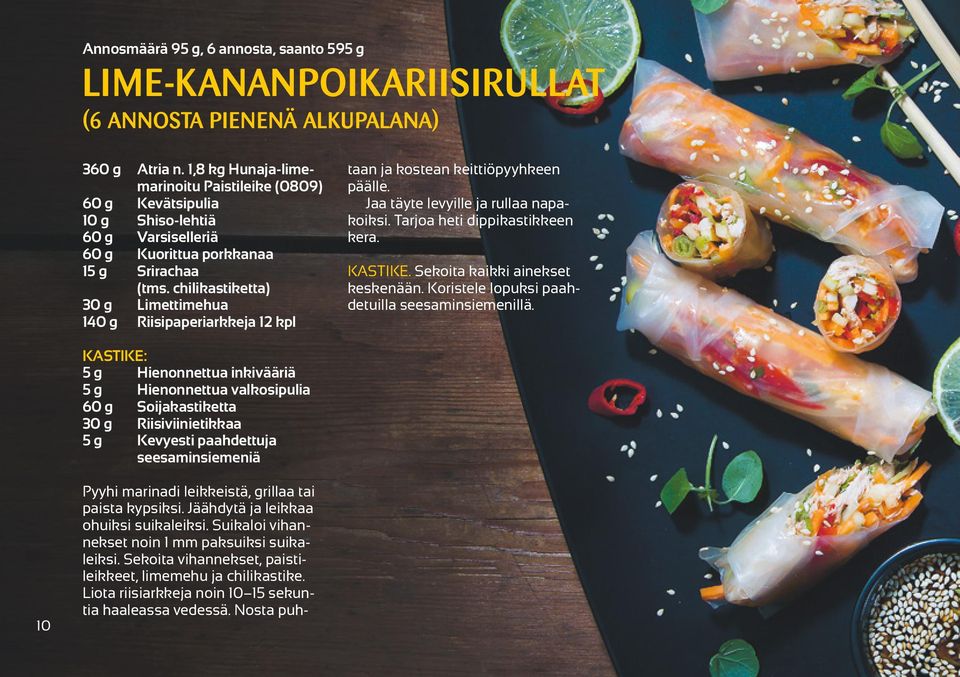 chilikastiketta) 30 g Limettimehua 140 g Riisipaperiarkkeja 12 kpl Pyyhi marinadi leikkeistä, grillaa tai paista kypsiksi. Jäähdytä ja leikkaa ohuiksi suikaleiksi.