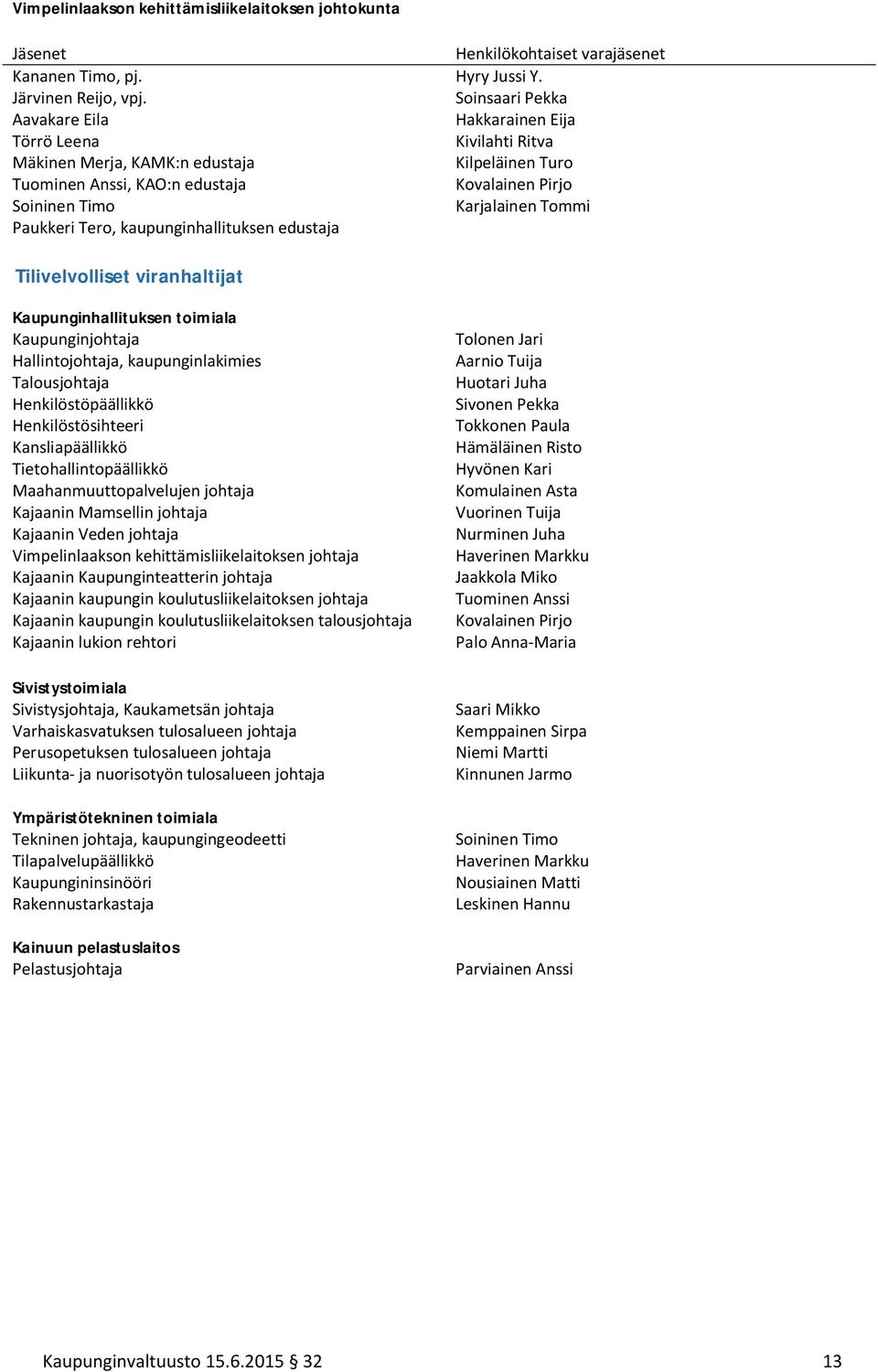 Tommi Paukkeri Tero, kaupunginhallituksen edustaja Tilivelvolliset viranhaltijat Kaupunginhallituksen toimiala Kaupunginjohtaja Hallintojohtaja, kaupunginlakimies Talousjohtaja Henkilöstöpäällikkö