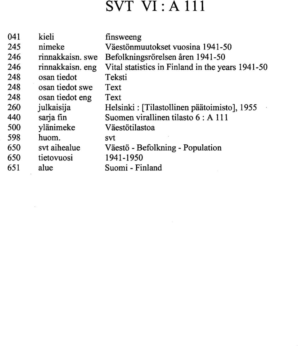 svt aihealue tietovuosi alue finsweeng Väestönmuutokset vuosina 9-50 Befolkningsrörelsen åren 9-50 Vital statistics in