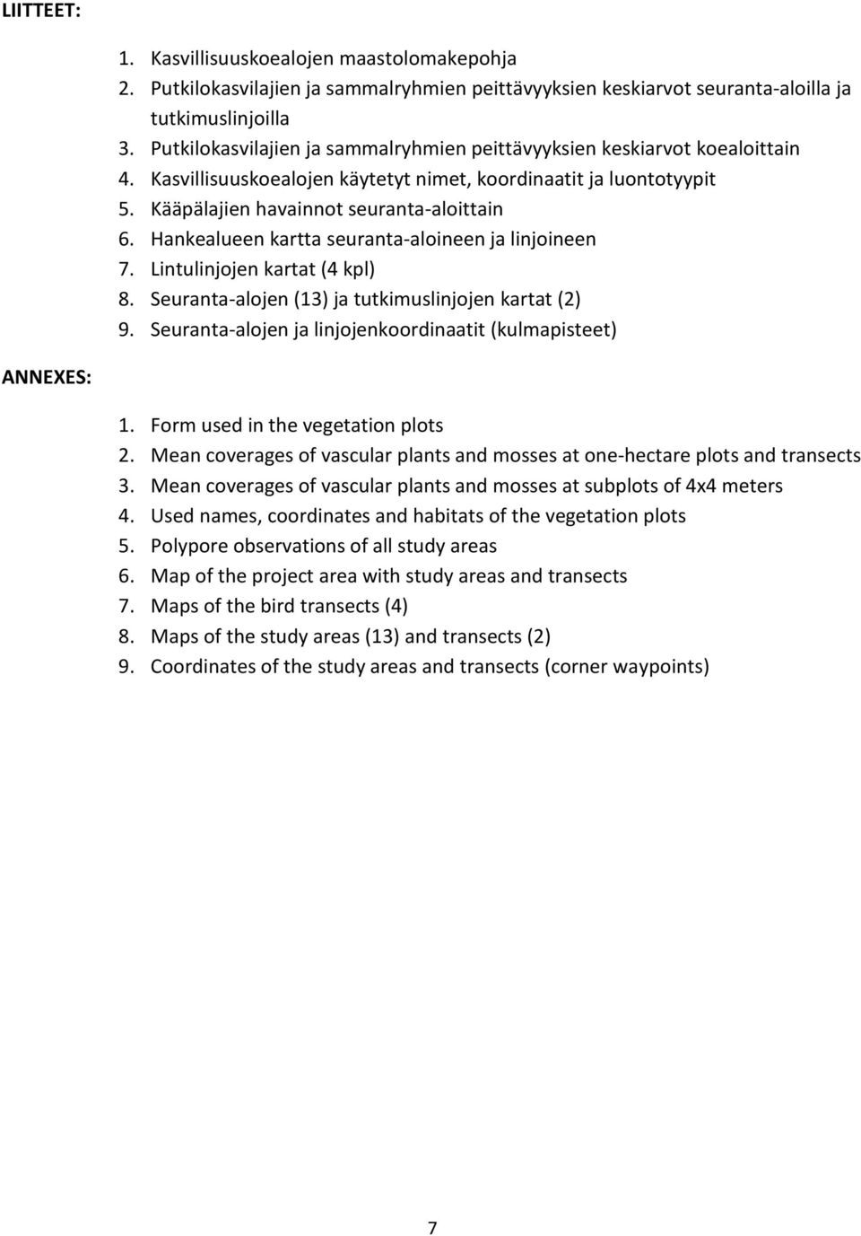 Hankealueen kartta seuranta-aloineen ja linjoineen 7. Lintulinjojen kartat (4 kpl) 8. Seuranta-alojen (13) ja tutkimuslinjojen kartat (2) 9.
