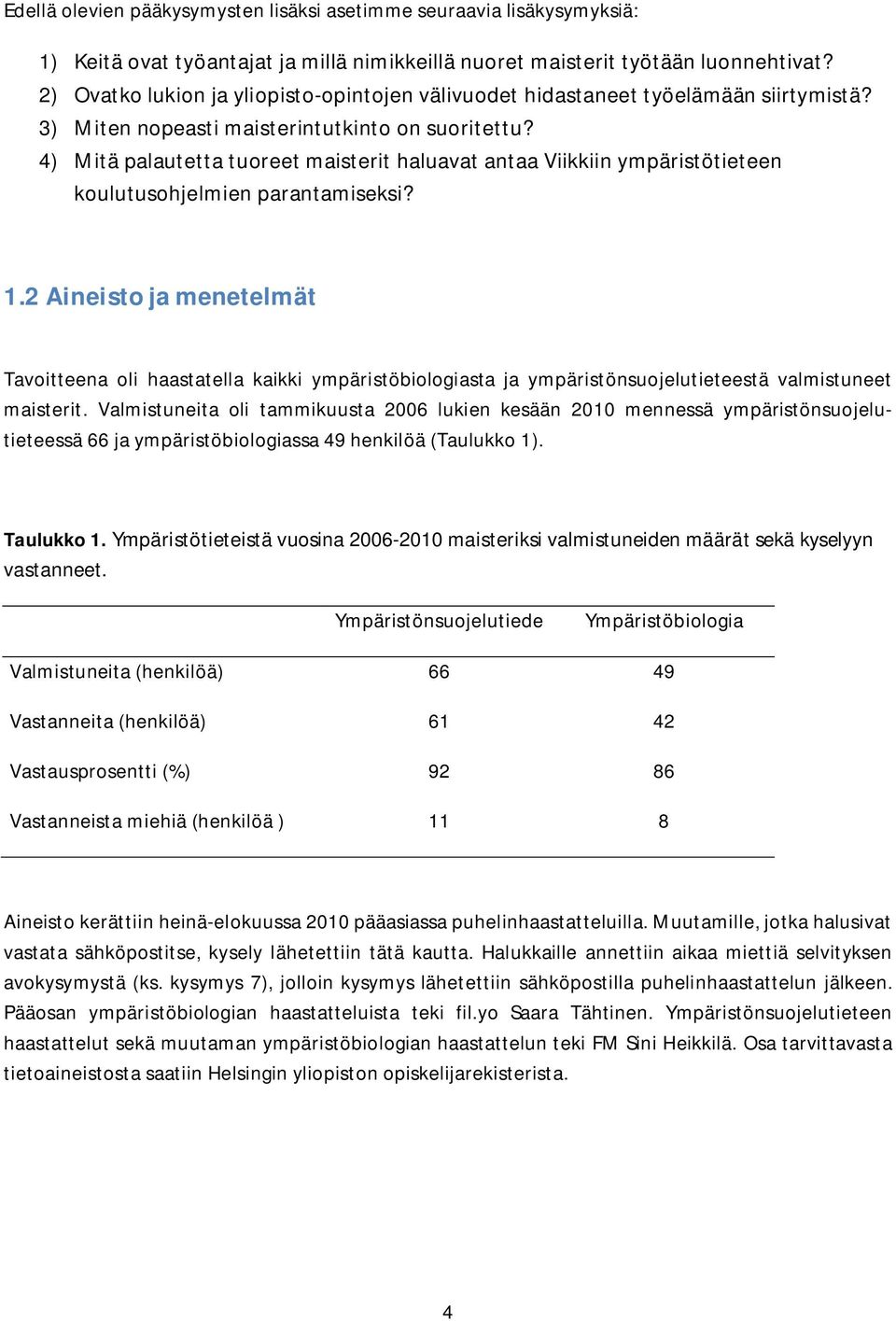 4) Mitä palautetta tuoreet maisterit haluavat antaa Viikkiin ympäristötieteen koulutusohjelmien parantamiseksi? 1.