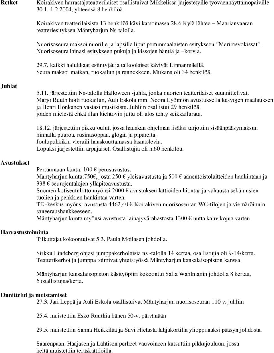 Nuorisoseura maksoi nuorille ja lapsille liput pertunmaalaisten esitykseen Merirosvokissat. Nuorisoseura lainasi esitykseen pukuja ja kissojen häntiä ja korvia. 29.7.