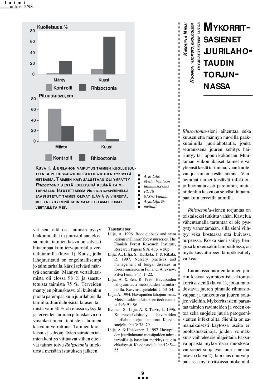 Kuusi, jolla lahojuuritauti on ongelmallisempi jo taimitarhalla, kärsii selvästi mäntyä enemmän. Männyn vertailutaimista oli elossa 98 % ja saastutetuista taimista 75 %.