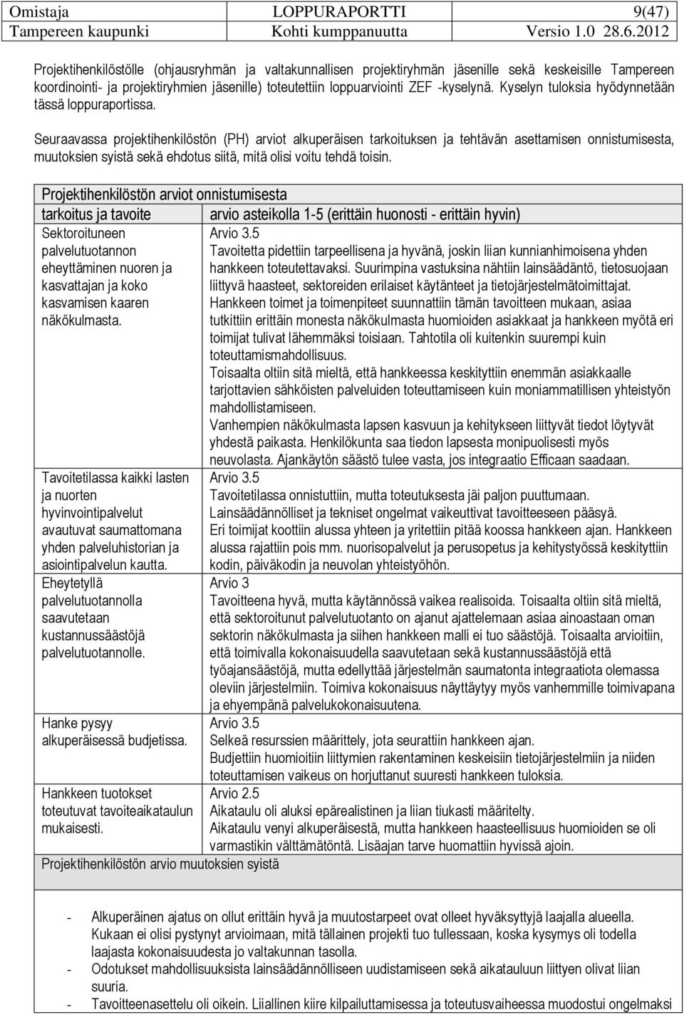 Seuraavassa projektihenkilöstön (PH) arviot alkuperäisen tarkoituksen ja tehtävän asettamisen onnistumisesta, muutsien syistä sekä ehdotus siitä, mitä olisi voitu tehdä toisin.