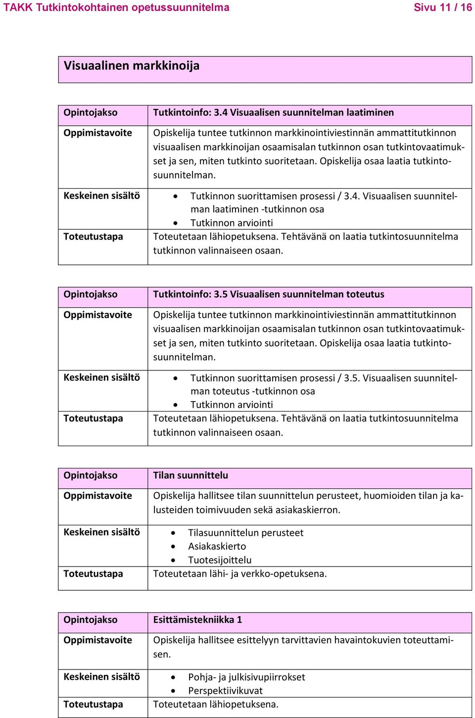 tutkinto suoritetaan. Opiskelija osaa laatia tutkintosuunnitelman. Keskeinen sisältö Tutkinnon suorittamisen prosessi / 3.4.