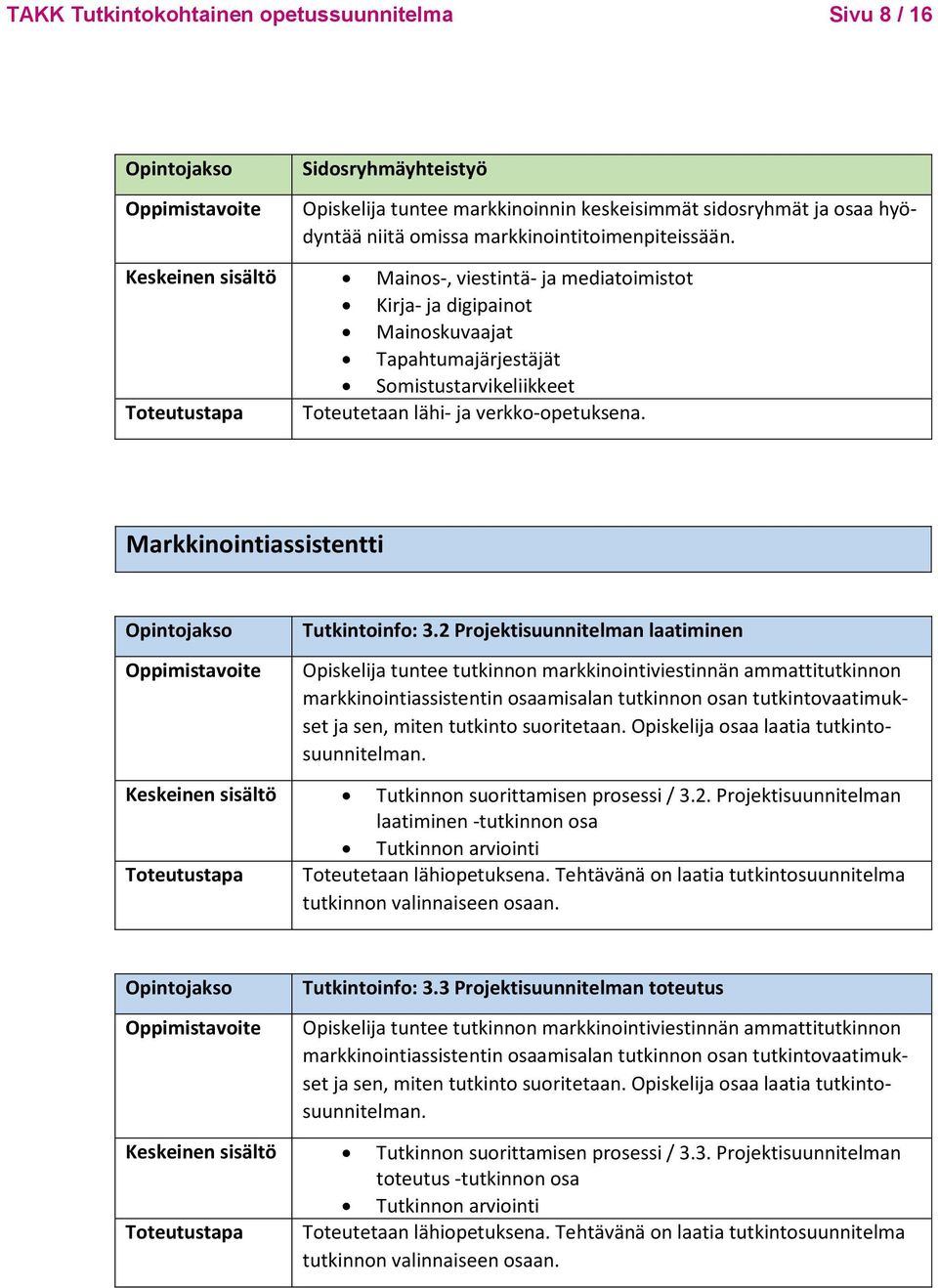 2 Projektisuunnitelman laatiminen Opiskelija tuntee tutkinnon markkinointiviestinnän ammattitutkinnon markkinointiassistentin osaamisalan tutkinnon osan tutkintovaatimukset ja sen, miten tutkinto