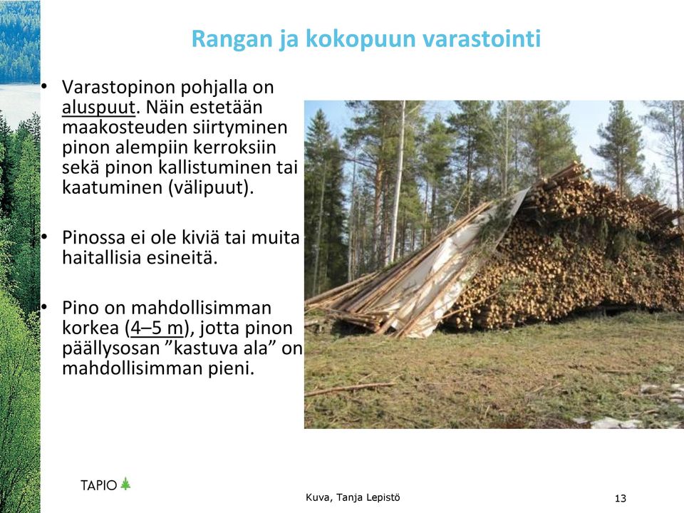 tai kaatuminen (välipuut). Pinossa ei ole kiviä tai muita haitallisia esineitä.
