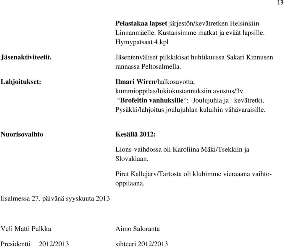 Brofeltin vanhuksille : -Joulujuhla ja kevätretki, Pysäkki/lahjoitus joulujuhlan kuluihin vähävaraisille. Nuorisovaihto Kesällä 2012: Iisalmessa 27.