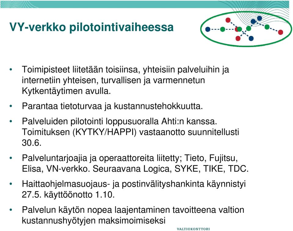 Toimituksen (KYTKY/HAPPI) vastaanotto suunnitellusti 30.6. Palveluntarjoajia ja operaattoreita liitetty; Tieto, Fujitsu, Elisa, VN-verkko.