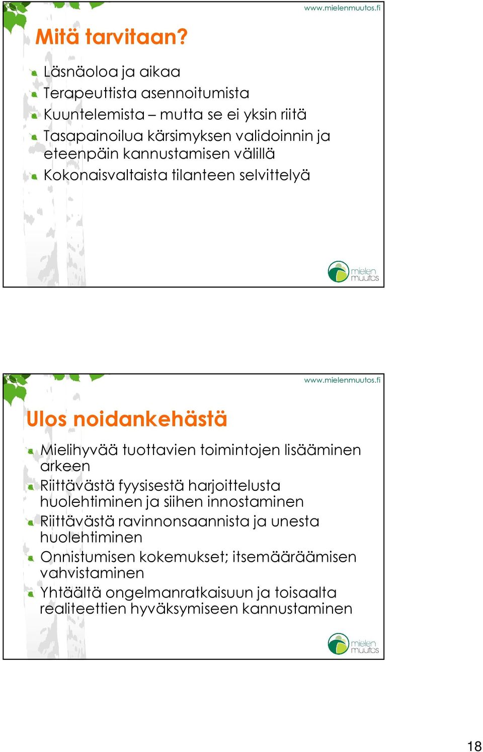 kannustamisen välillä Kokonaisvaltaista tilanteen selvittelyä Ulos noidankehästä Mielihyvää tuottavien toimintojen lisääminen arkeen