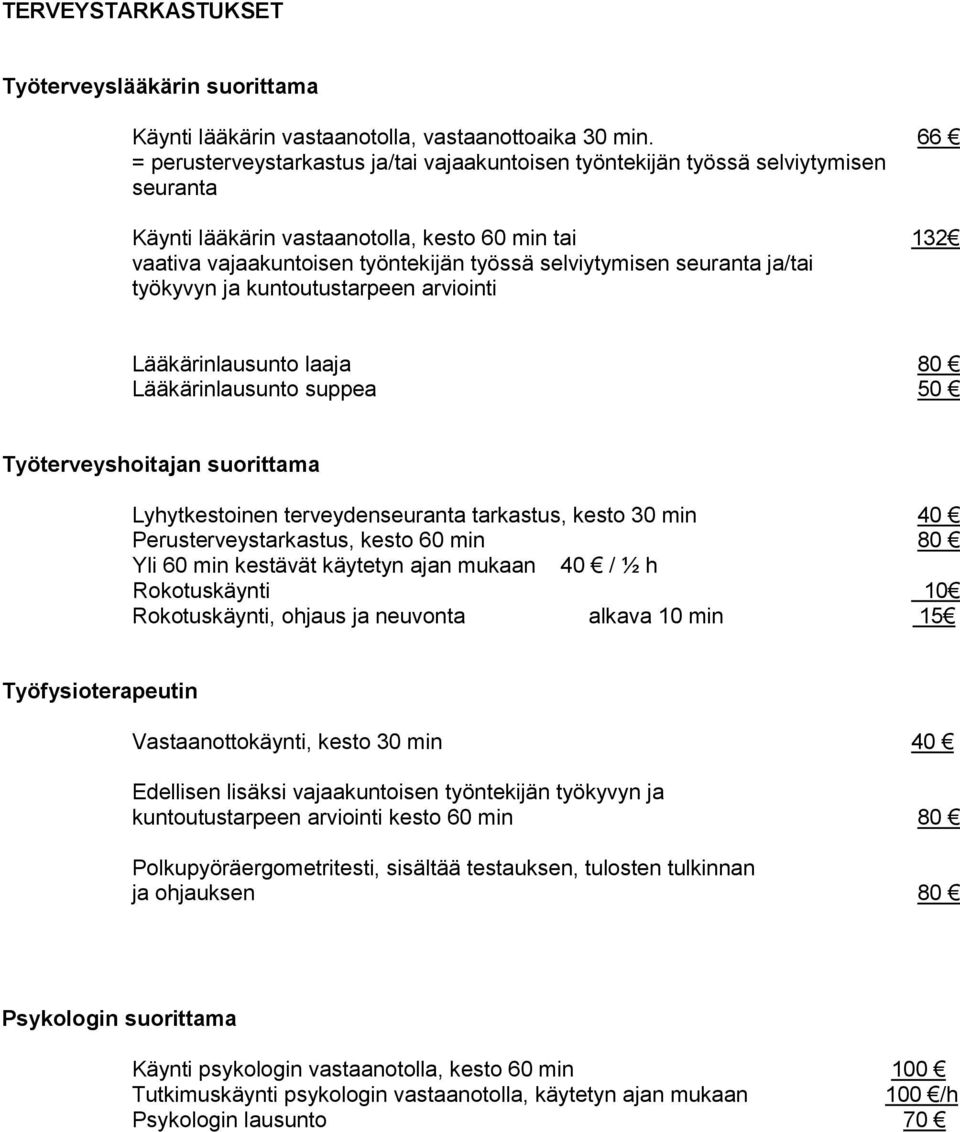 seuranta ja/tai työkyvyn ja kuntoutustarpeen arviointi Lääkärinlausunto laaja 80 Lääkärinlausunto suppea 50 Työterveyshoitajan suorittama Lyhytkestoinen terveydenseuranta tarkastus, kesto 30 min 40