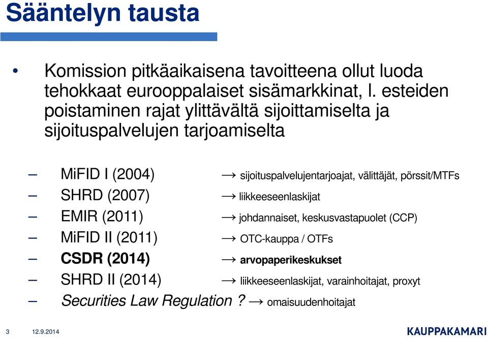 sijoituspalvelujentarjoajat, välittäjät, pörssit/mtfs SHRD (2007) liikkeeseenlaskijat EMIR (2011) johdannaiset, keskusvastapuolet