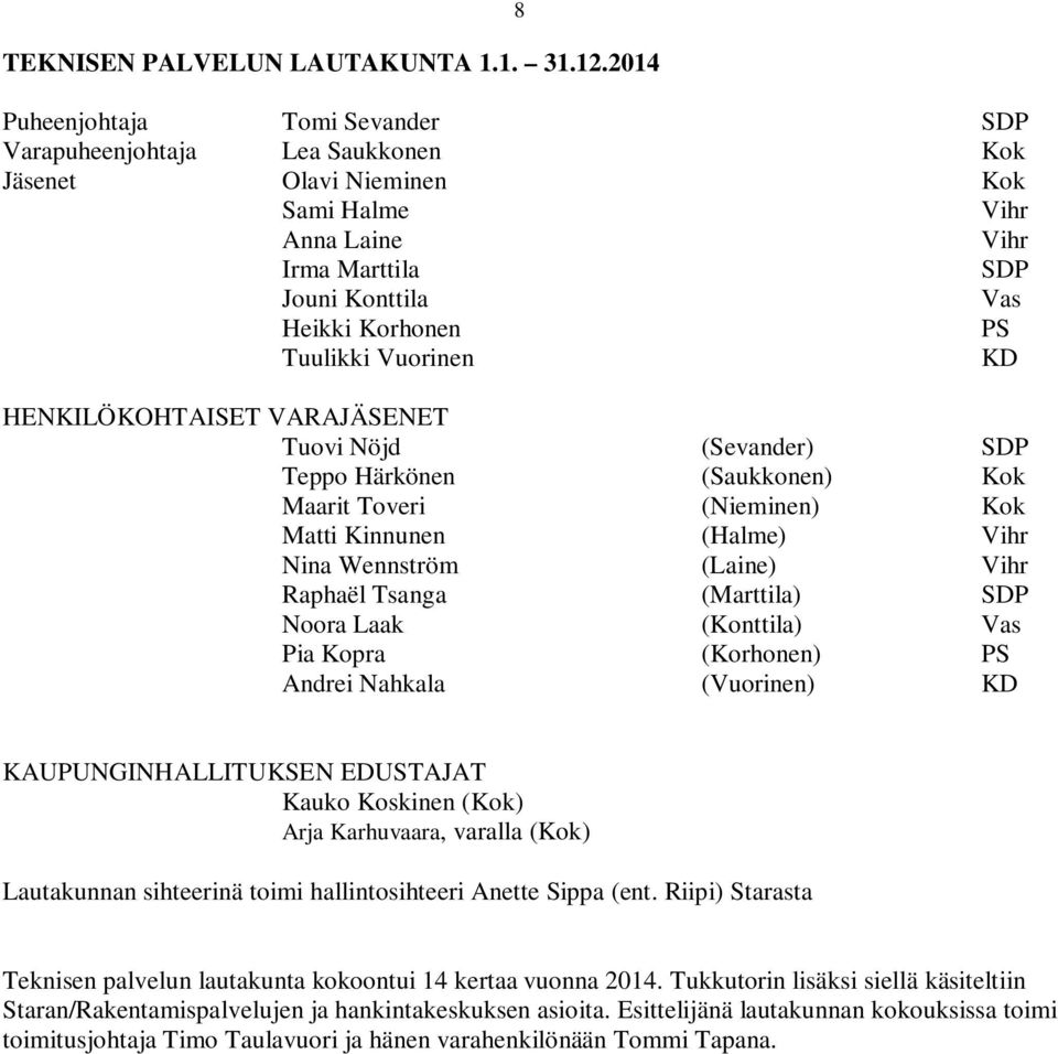 Vuorinen KD HENKILÖKOHTAISET VARAJÄSENET Tuovi Nöjd (Sevander) SDP Teppo Härkönen (Saukkonen) Kok Maarit Toveri (Nieminen) Kok Matti Kinnunen (Halme) Vihr Nina Wennström (Laine) Vihr Raphaël Tsanga