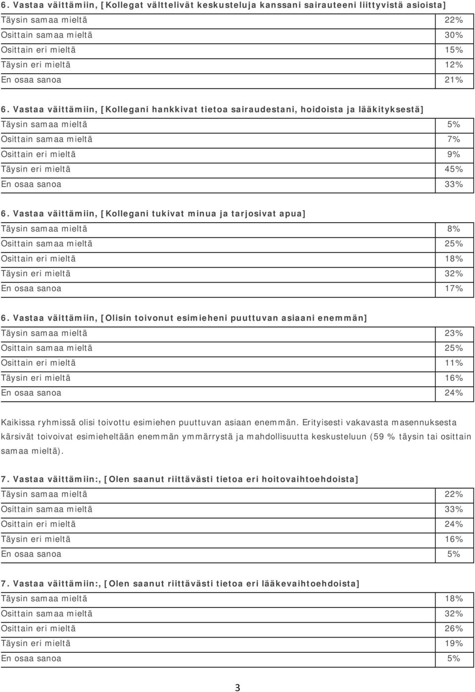 Vastaa väittämiin, [Kollegani hankkivat tietoa sairaudestani, hoidoista ja lääkityksestä] Täysin samaa mieltä 5% Osittain samaa mieltä 7% Osittain eri mieltä 9% Täysin eri mieltä 45% En osaa sanoa