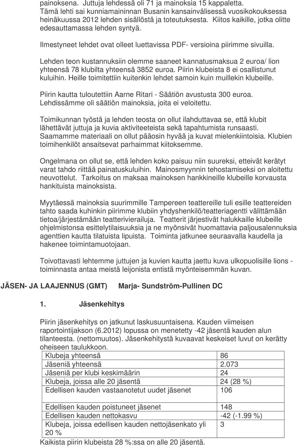 Lehden teon kustannuksiin olemme saaneet kannatusmaksua 2 euroa/ lion yhteensä 78 klubilta yhteensä 3852 euroa. Piirin klubeista 8 ei osallistunut kuluihin.