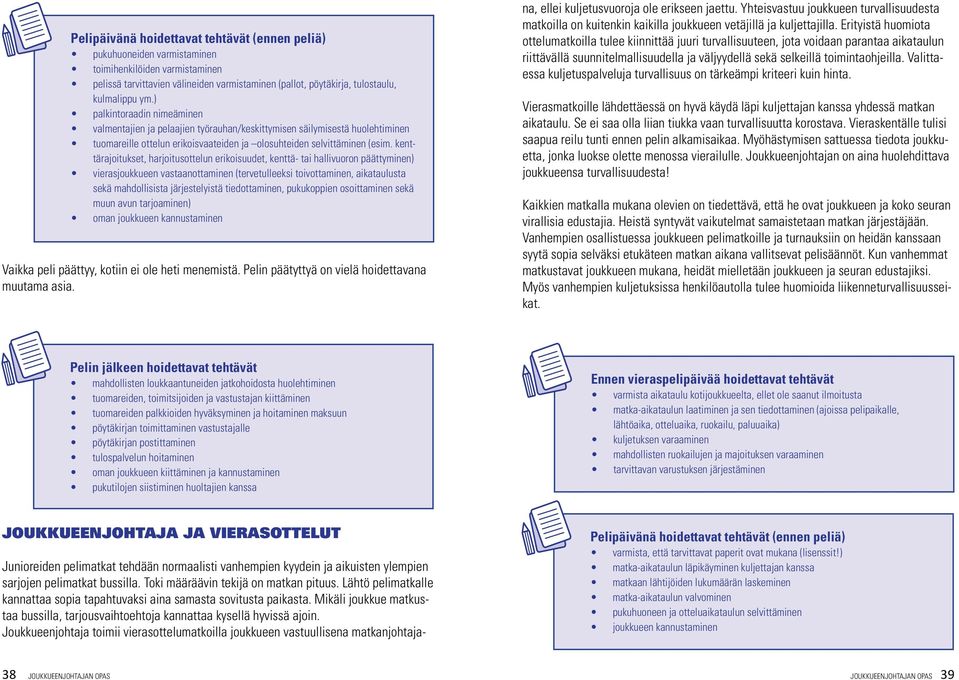 kenttärajoitukset, harjoitusottelun erikoisuudet, kenttä- tai hallivuoron päättyminen) vierasjoukkueen vastaanottaminen (tervetulleeksi toivottaminen, aikataulusta sekä mahdollisista järjestelyistä