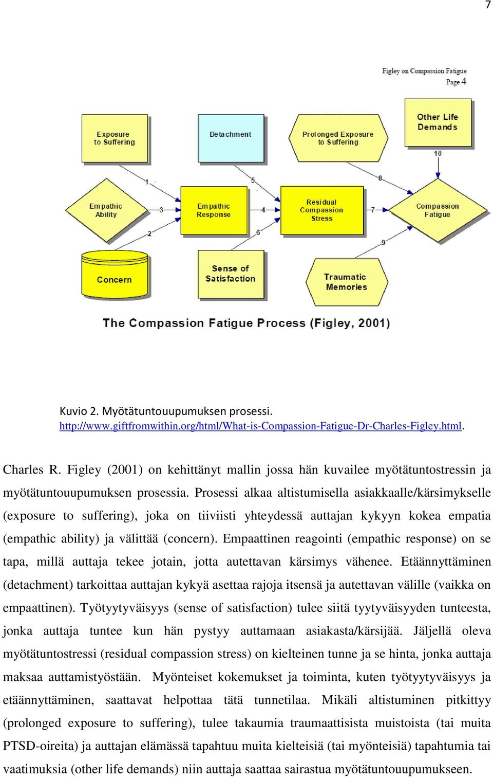 Prosessi alkaa altistumisella asiakkaalle/kärsimykselle (exposure to suffering), joka on tiiviisti yhteydessä auttajan kykyyn kokea empatia (empathic ability) ja välittää (concern).