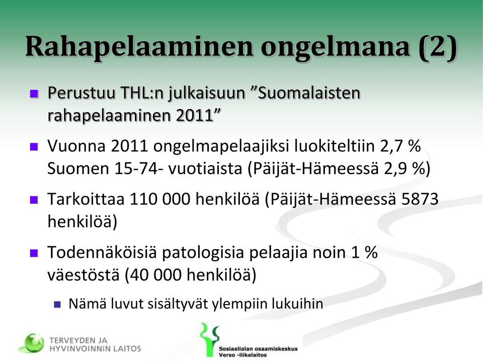 (Päijät-Hämeessä 2,9 %) Tarkoittaa 110 000 henkilöä (Päijät-Hämeessä 5873 henkilöä)