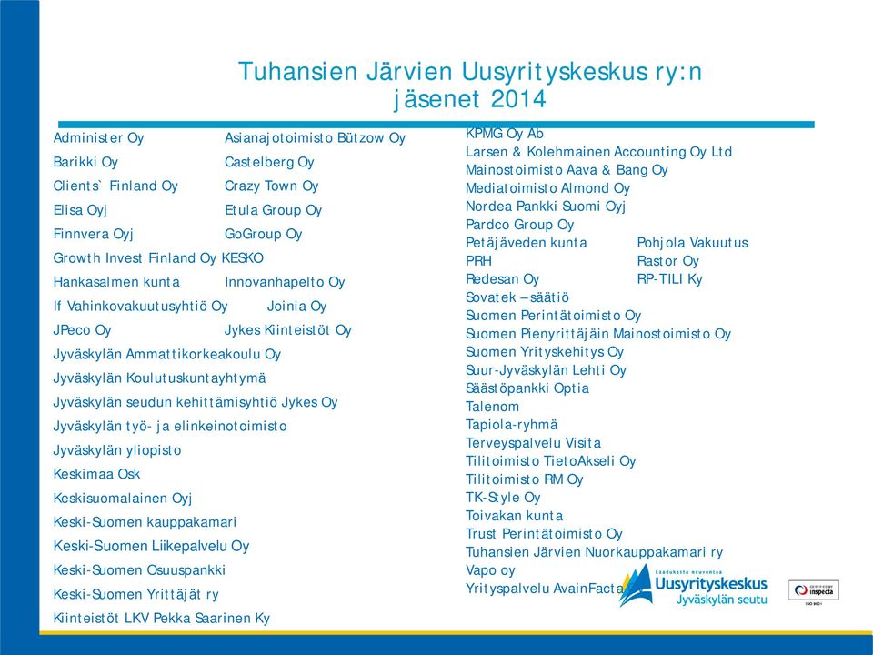 Koulutuskuntayhtymä Jyväskylän seudun kehittämisyhtiö Jykes Oy Jyväskylän työ- ja elinkeinotoimisto Jyväskylän yliopisto Keskimaa Osk Keskisuomalainen Oyj Keski-Suomen kauppakamari Keski-Suomen