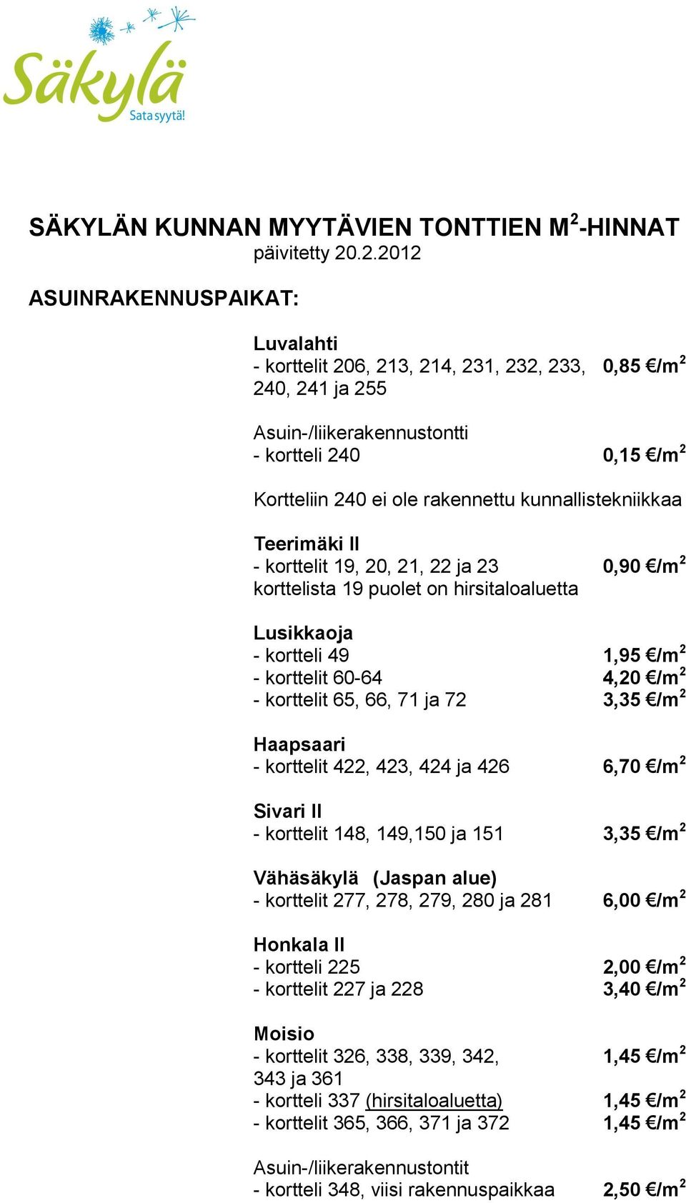 .2.2012 ASUINRAKENNUSPAIKAT: Luvalahti - korttelit 206, 213, 214, 231, 232, 233, 0,85 /m 2 240, 241 ja 255 Asuin-/liikerakennustontti - kortteli 240 0,15 /m 2 Kortteliin 240 ei ole rakennettu