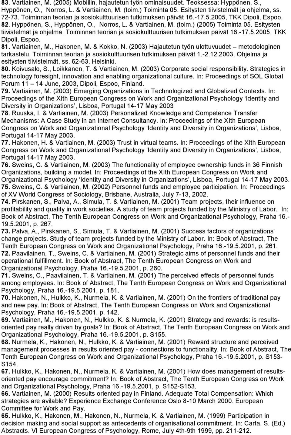 Esitysten tiivistelmät ja ohjelma. Toiminnan teorian ja sosiokulttuurisen tutkimuksen päivät 16.-17.5.2005, TKK Dipoli, Espoo. 81. Vartiainen, M., Hakonen, M. & Kokko, N.