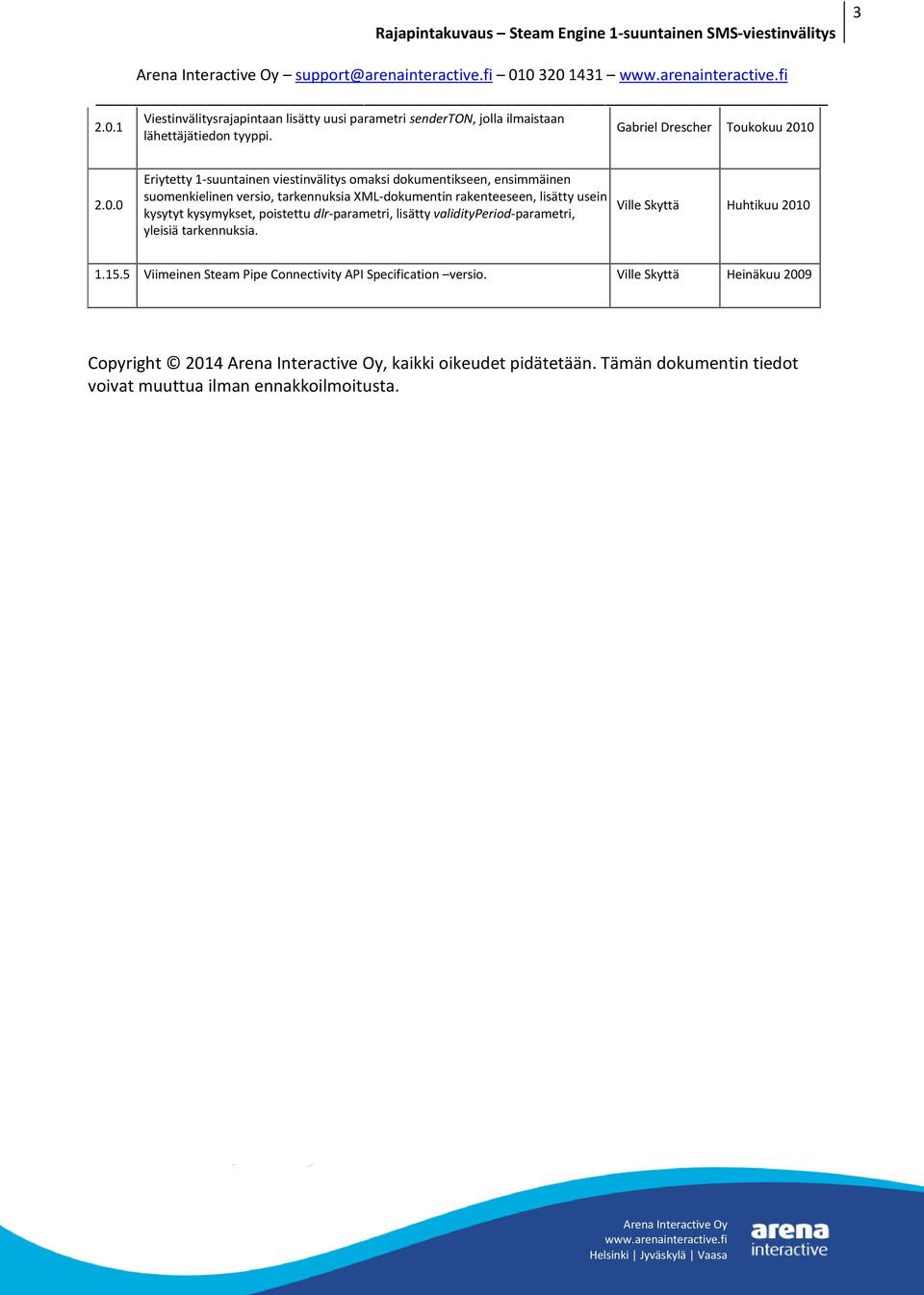 0 2.0.0 Eriytetty 1-suuntainen viestinvälitys omaksi dokumentikseen, ensimmäinen suomenkielinen versio, tarkennuksia XML-dokumentin rakenteeseen, lisätty usein