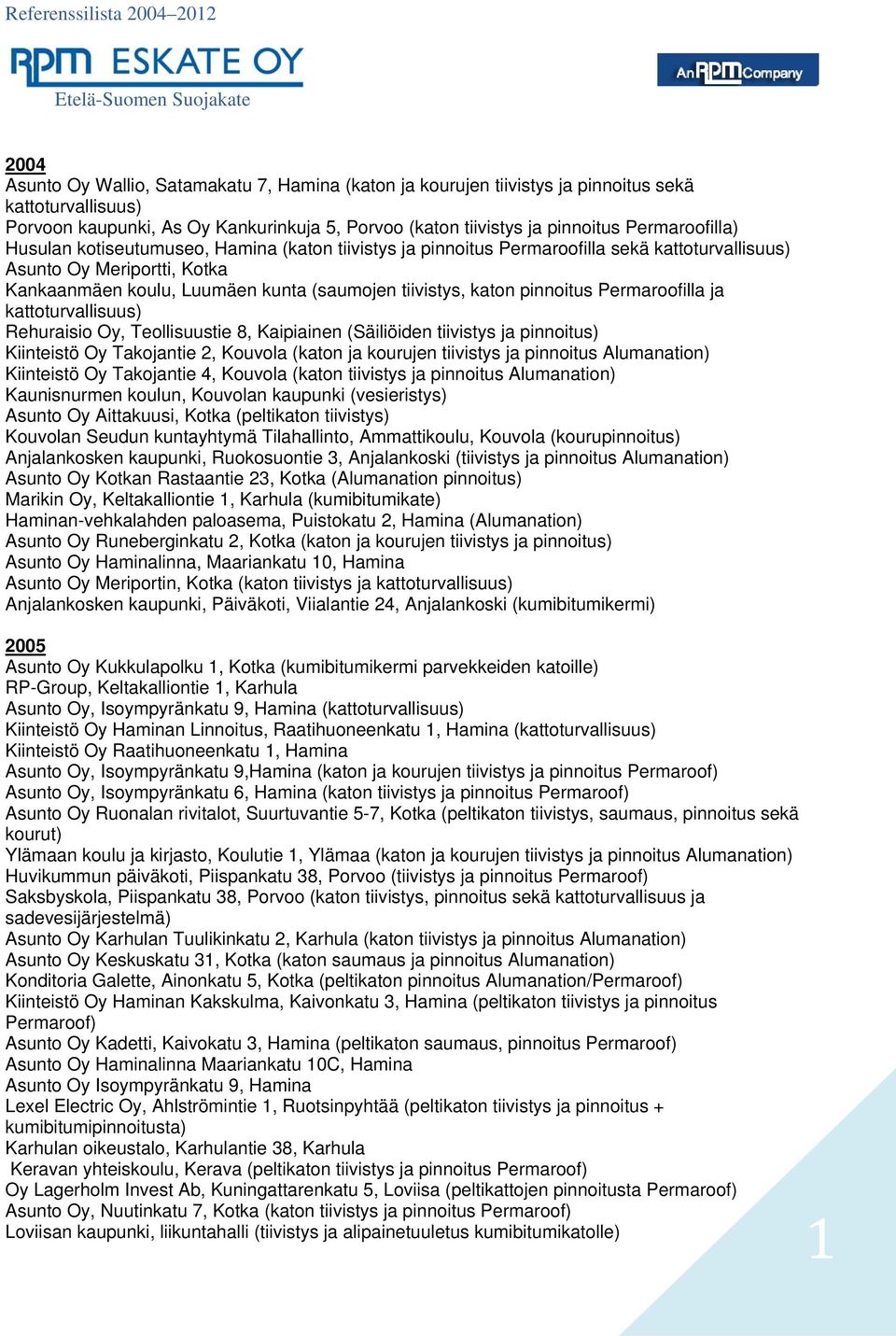 Oy, Teollisuustie 8, Kaipiainen (Säiliöiden tiivistys ja pinnoitus) Kiinteistö Oy Takojantie 2, Kouvola (katon ja kourujen tiivistys ja pinnoitus Alumanation) Kiinteistö Oy Takojantie 4, Kouvola