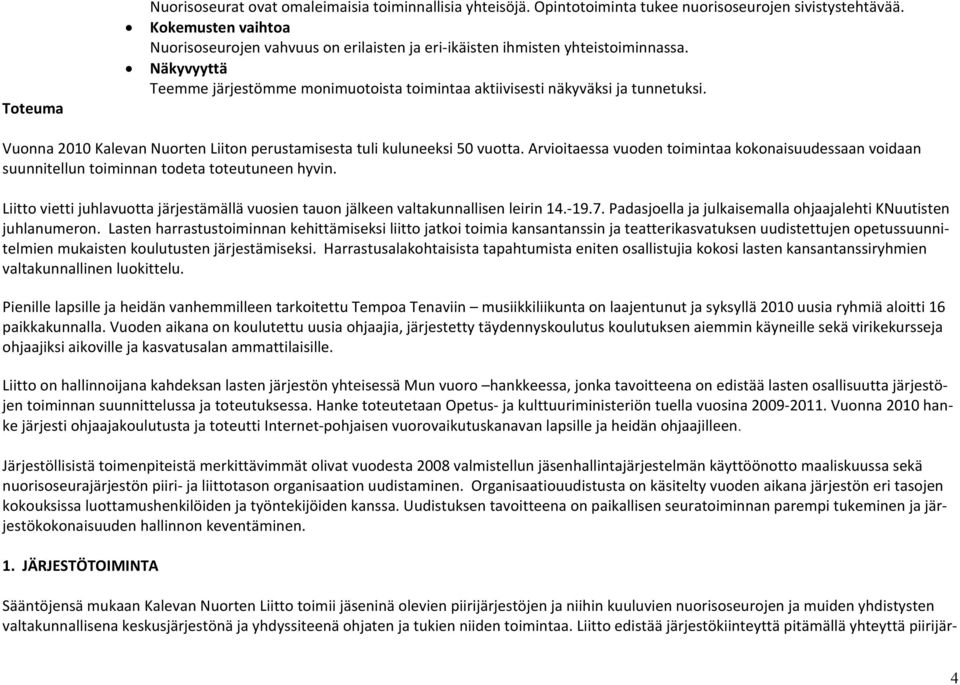 Vuonna 2010 Kalevan Nuorten Liiton perustamisesta tuli kuluneeksi 50 vuotta. Arvioitaessa vuoden toimintaa kokonaisuudessaan voidaan suunnitellun toiminnan todeta toteutuneen hyvin.