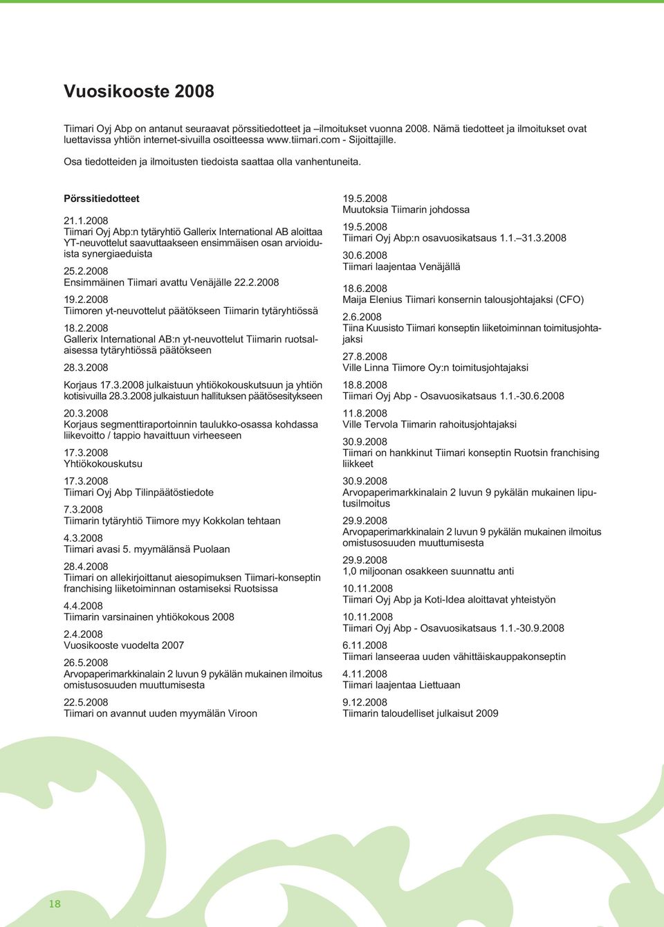 1.2008 Tiimari Oyj Abp:n tytäryhtiö Gallerix International AB aloittaa YT-neuvottelut saavuttaakseen ensimmäisen osan arvioiduista synergiaeduista 25.2.2008 Ensimmäinen Tiimari avattu Venäjälle 22.2.2008 19.