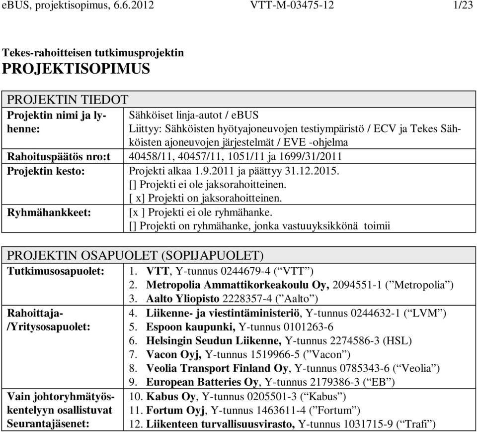 testiympäristö / ECV ja Tekes Sähköisten ajoneuvojen järjestelmät / EVE -ohjelma Rahoituspäätös nro:t 40458/11, 40457/11, 1051/11 ja 1699/31/2011 Projektin kesto: Projekti alkaa 1.9.2011 ja päättyy 31.