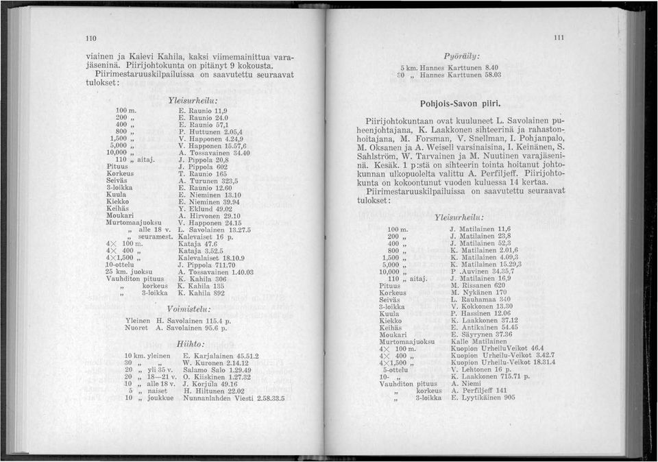 juoksu Vauhditon pituus korkeus 3-loikka Yleisurheilu: E. Raunio 11,9 E. Raunio 24.0 E. Raunio 57,1 P. Huttunen 2.05,4 V. Happonen 4.24,9 V. Happonen 15.57,6 A. Tossavainen 34.40 J. Pippola 20,8 J.