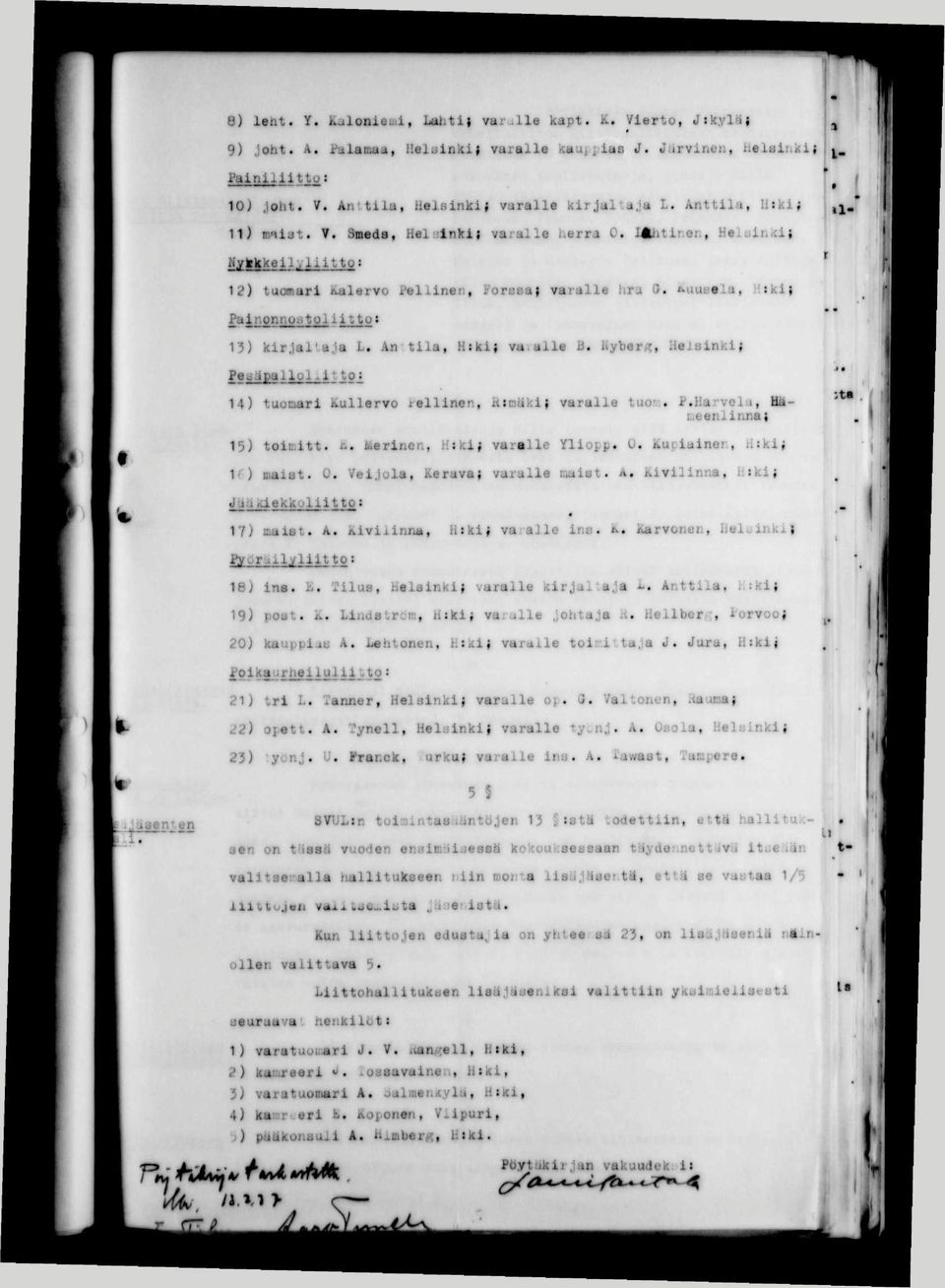 n-uusela, Hiki} Painonnostoli itto» 15) kirjalvaja L. An tila. Hiki} va.alle B. Myber«, HeJsinki; Pesäpalloliitto; 14) tuonari Kullervo i-ellinen, it:oaki} varalle tuom. P.Harvela, Haceenlinna} 1 l-.