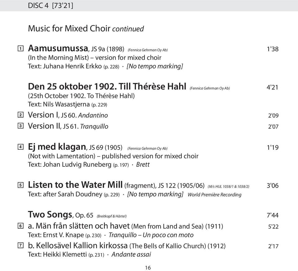 Andantino 2'09 Version II, JS 61. Tranquillo 2'07 Ej med klagan, JS 69 (1905) (Fennica Gehrman Oy Ab) 1'19 (Not with Lamentation) published version for mixed choir Text: Johan Ludvig Runeberg (p.