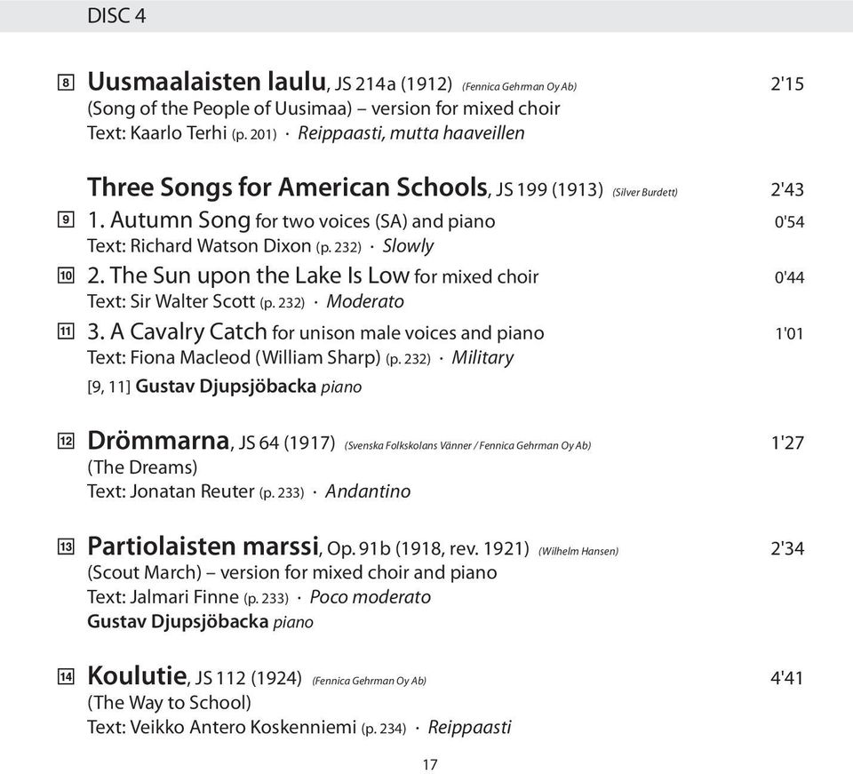 Autumn Song for two voices (SA) and piano 0'54 Text: Richard Watson Dixon (p. 232) Slowly 2. The Sun upon the Lake Is Low for mixed choir 0'44 Text: Sir Walter Scott (p. 232) Moderato 3.