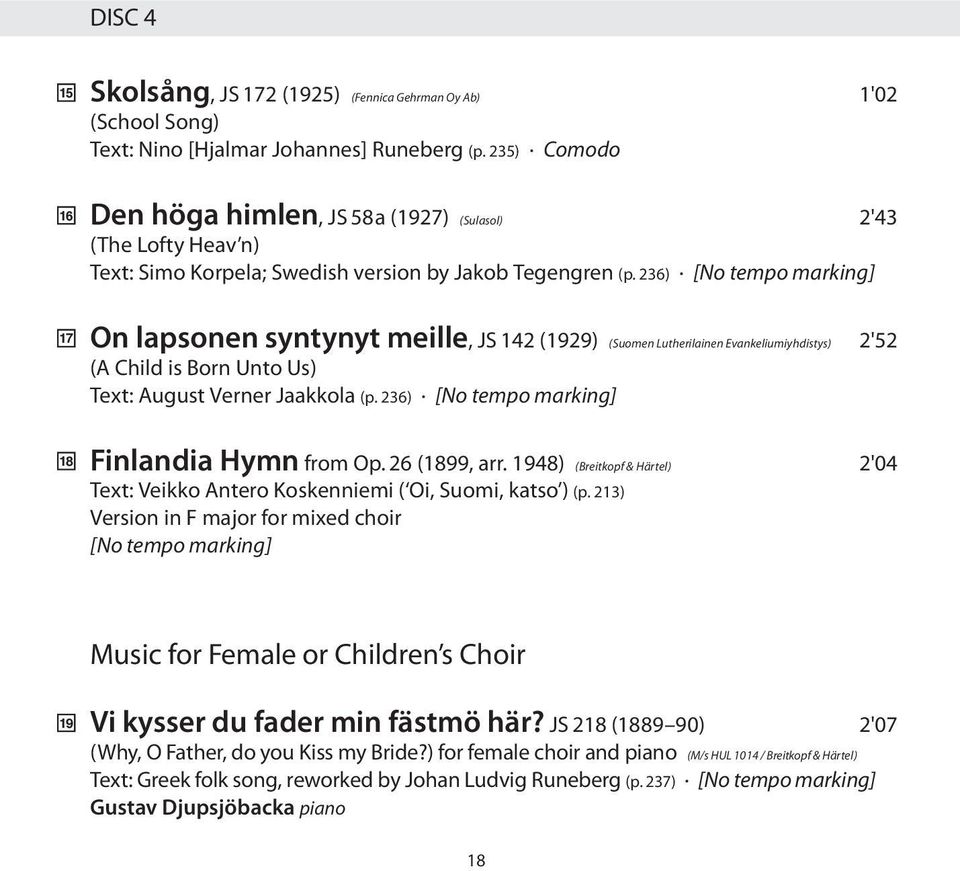 236) [No tempo marking] On lapsonen syntynyt meille, JS 142 (1929) (Suomen Lutherilainen Evankeliumiyhdistys) 2'52 (A Child is Born Unto Us) Text: August Verner Jaakkola (p.