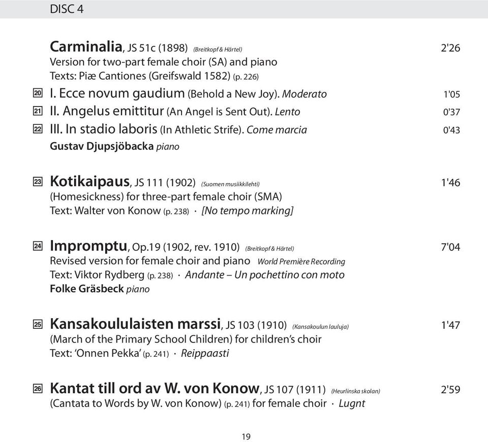 Come marcia 0'43 Gustav Djupsjöbacka piano Kotikaipaus, JS 111 (1902) (Suomen musiikkilehti) 1'46 (Homesickness) for three-part female choir (SMA) Text: Walter von Konow (p.