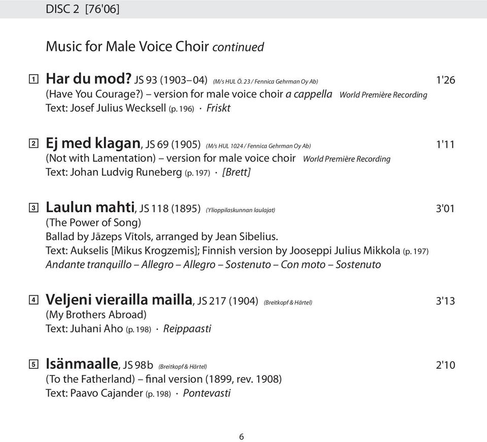 196) Friskt Ej med klagan, JS 69 (1905) (M/s HUL 1024 / Fennica Gehrman Oy Ab) 1'11 (Not with Lamentation) version for male voice choir World Première Recording Text: Johan Ludvig Runeberg (p.