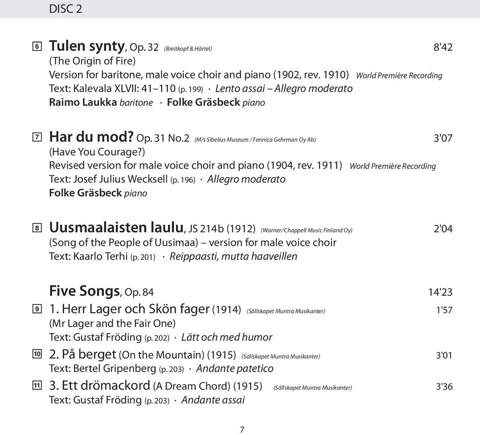 2 (M/s Sibelius Museum / Fennica Gehrman Oy Ab) 3'07 (Have You Courage?) Revised version for male voice choir and piano (1904, rev. 1911) World Première Recording Text: Josef Julius Wecksell (p.