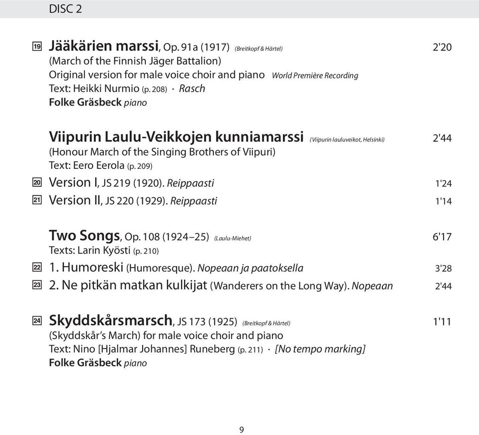 208) Rasch Folke Gräsbeck piano Viipurin Laulu-Veikkojen kunniamarssi (Viipurin lauluveikot, Helsinki) 2'44 (Honour March of the Singing Brothers of Viipuri) Text: Eero Eerola (p.