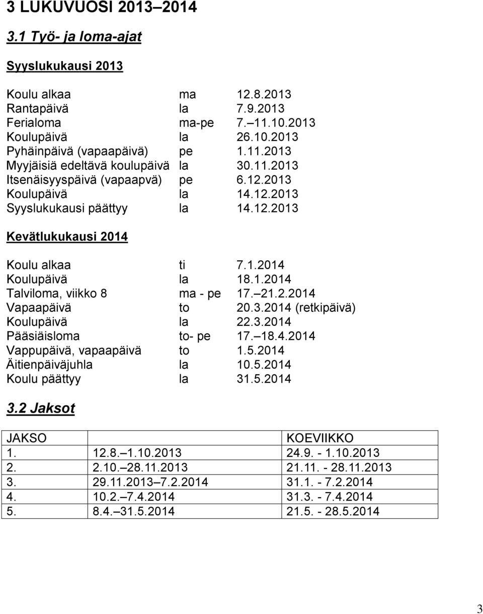 21.2.2014 Vapaapäivä to 20.3.2014 (retkipäivä) Koulupäivä la 22.3.2014 Pääsiäisloma to- pe 17. 18.4.2014 Vappupäivä, vapaapäivä to 1.5.2014 Äitienpäiväjuhla la 10.5.2014 Koulu päättyy la 31.5.2014 3.