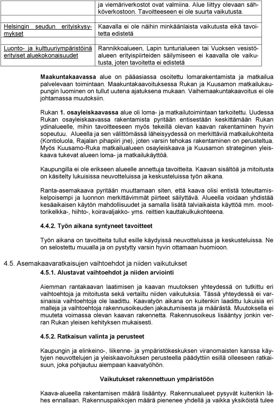 tunturialueen tai Vuoksen vesistöalueen erityispiirteiden säilymiseen ei kaavalla ole vaikutusta, joten tavoitetta ei edistetä Maakuntakaavassa alue on pääasiassa osoitettu lomarakentamista ja