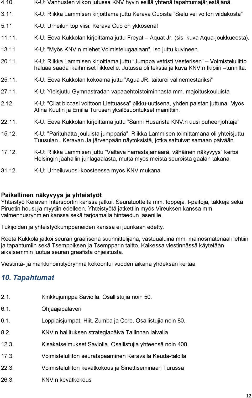 11 K-U: Myös KNV:n miehet Voimistelugaalaan, iso juttu kuvineen. 20.11. K-U: Riikka Lammisen kirjoittama juttu Jumppa vetristi Vesterisen Voimisteluliitto haluaa saada ikäihmiset liikkeelle.